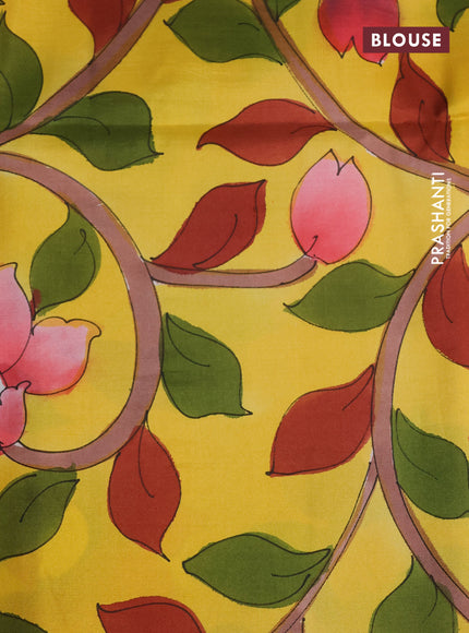 Pure soft silk saree light green and orange with plain body and kalamkari hand painted pallu & blouse