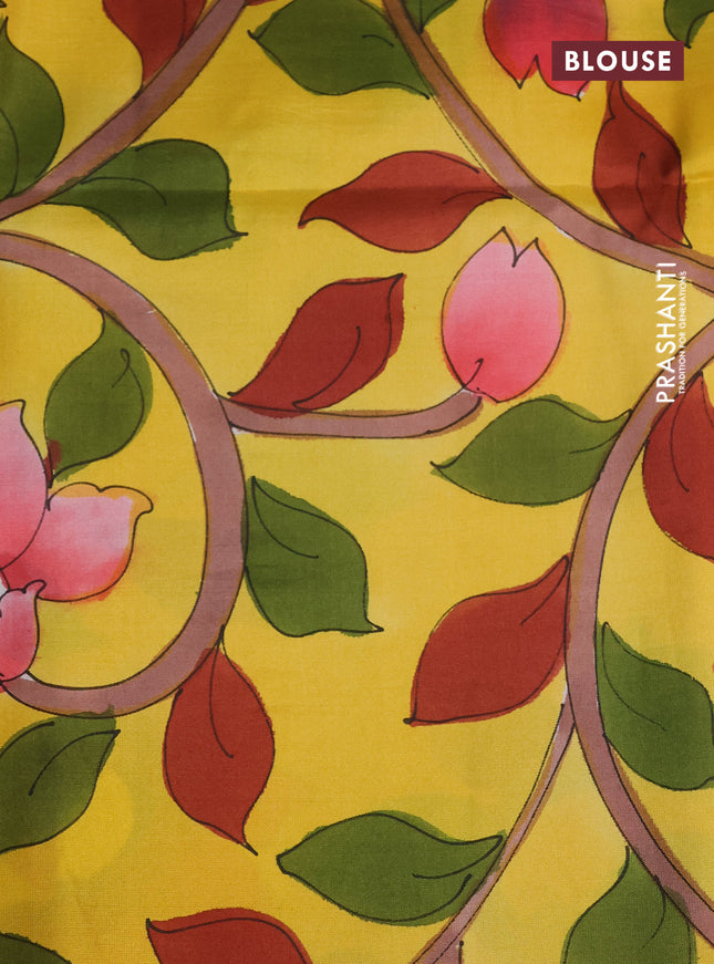 Pure soft silk saree light green and orange with plain body and kalamkari hand painted pallu & blouse