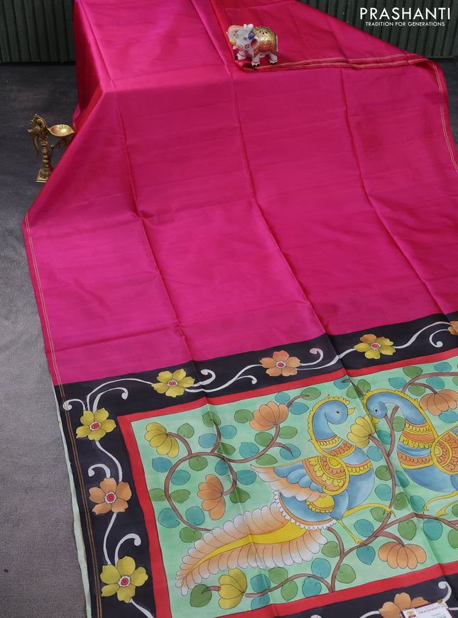 Pure soft silk saree dual shade of pink and pastel green with plain body and kalamkari hand painted pallu & blouse
