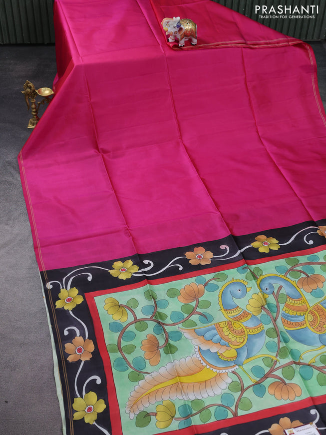 Pure soft silk saree dual shade of pink and pastel green with plain body and kalamkari hand painted pallu & blouse