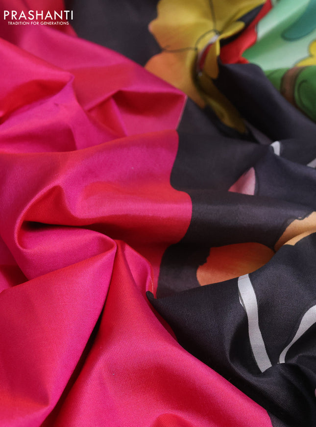 Pure soft silk saree dual shade of pink and pastel green with plain body and kalamkari hand painted pallu & blouse