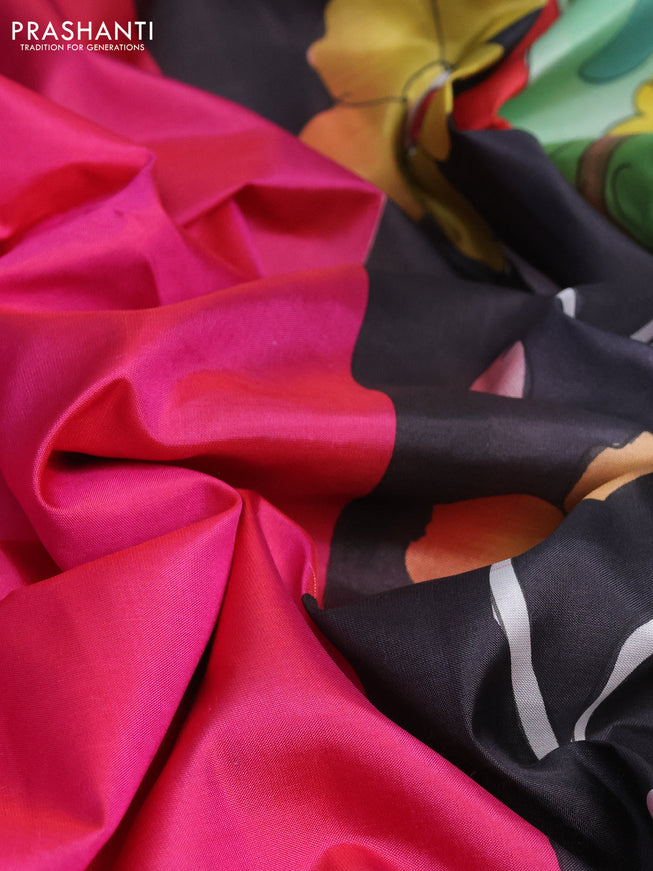 Pure soft silk saree dual shade of pink and pastel green with plain body and kalamkari hand painted pallu & blouse