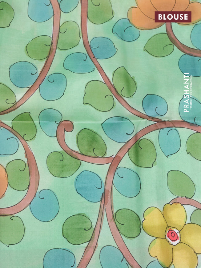 Pure soft silk saree dual shade of pink and pastel green with plain body and kalamkari hand painted pallu & blouse