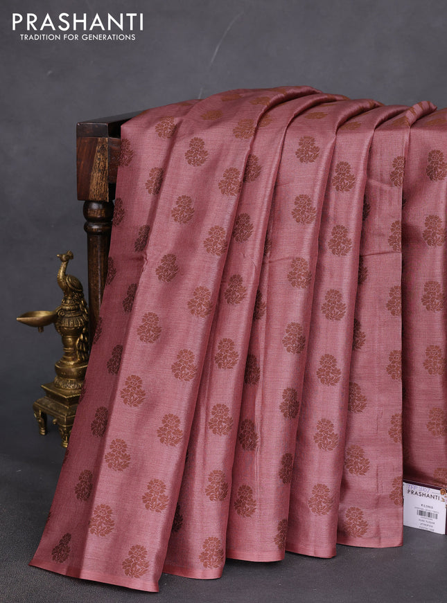 Pure tussar silk saree pastel maroon with allover thread woven floral buttas in borderless style