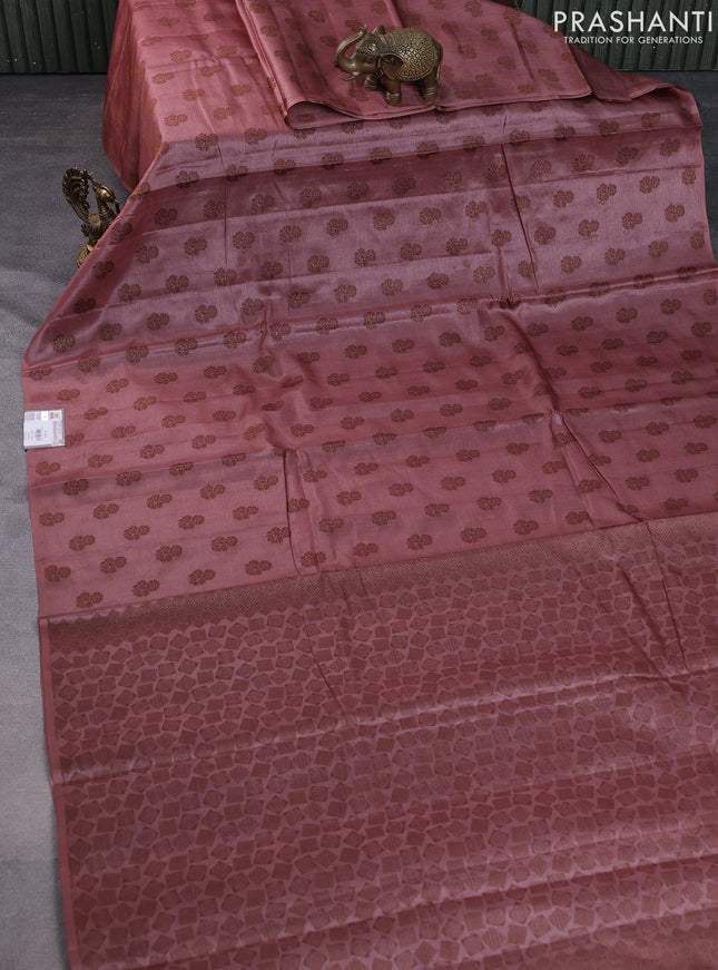 Pure tussar silk saree pastel maroon with allover thread woven floral buttas in borderless style