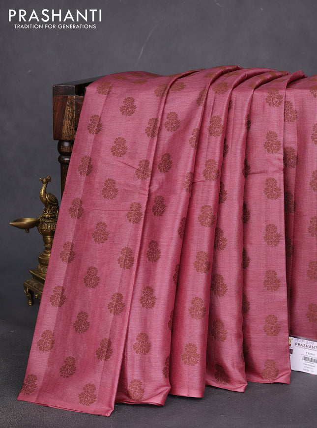Pure tussar silk saree pink shade with allover thread woven floral buttas in borderless style