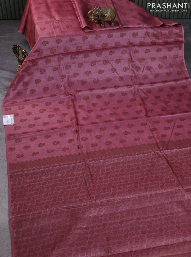 Pure tussar silk saree pink shade with allover thread woven floral buttas in borderless style