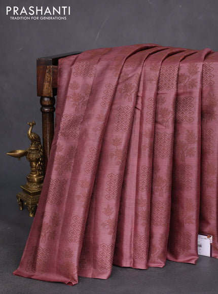 Pure tussar silk saree pastel maroon with allover thread woven buttas in borderless style