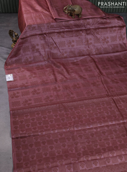 Pure tussar silk saree pastel maroon with allover thread woven buttas in borderless style