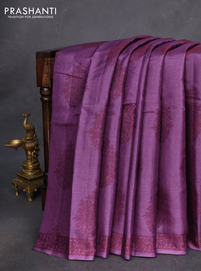 Pure tussar silk saree purple with thread woven box type buttas in borderless style