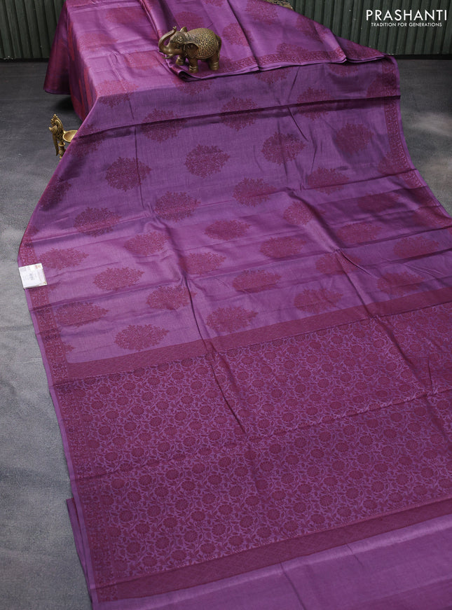 Pure tussar silk saree purple with thread woven box type buttas in borderless style