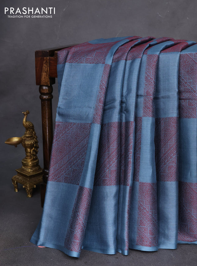 Pure tussar silk saree blue shade with thread woven box type buttas in borderless style