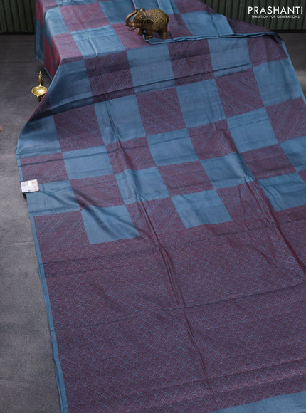 Pure tussar silk saree blue shade with thread woven box type buttas in borderless style