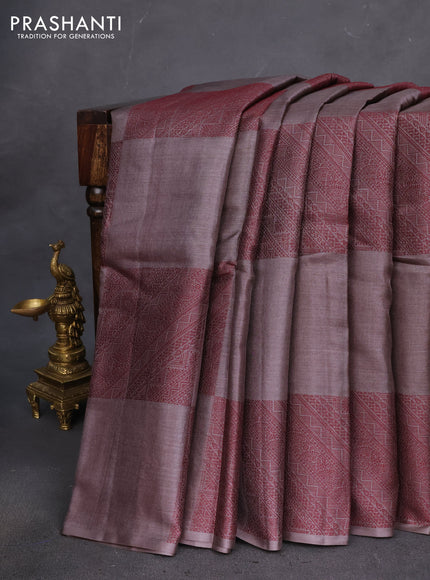 Pure tussar silk saree grey shade with thread woven box type buttas in borderless style