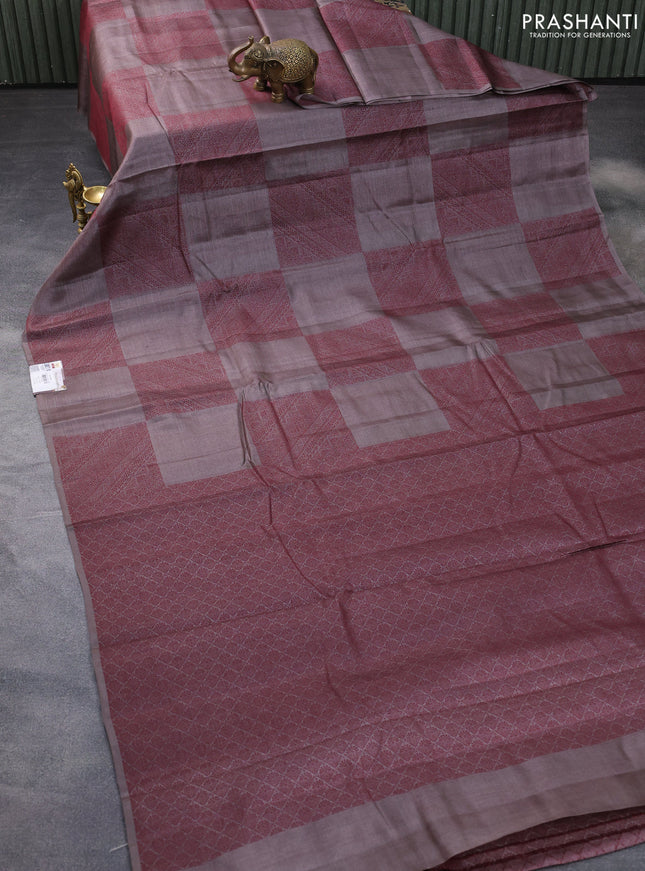 Pure tussar silk saree grey shade with thread woven box type buttas in borderless style