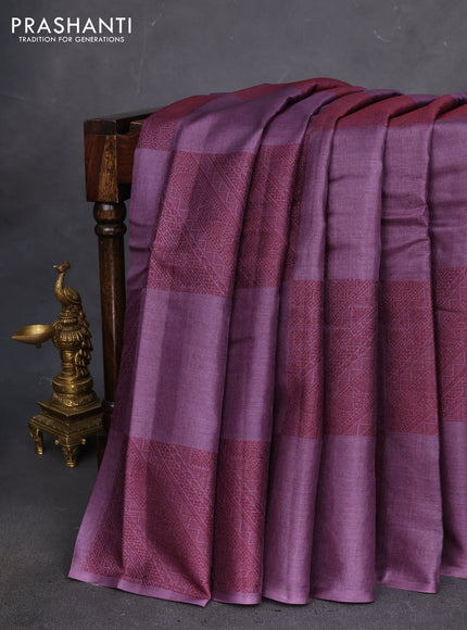 Pure tussar silk saree violet shade with thread woven box type buttas in borderless style
