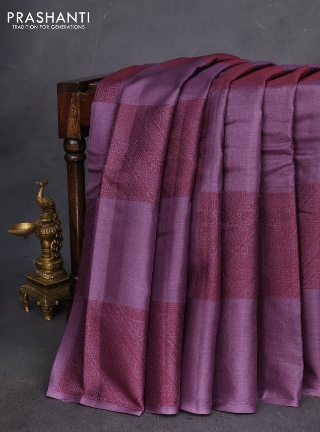 Pure tussar silk saree violet shade with thread woven box type buttas in borderless style