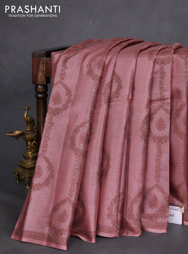 Pure tussar silk saree pastel maroon with allover thread weaves in borderless style