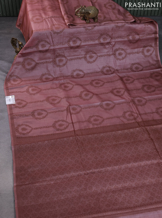 Pure tussar silk saree pastel maroon with allover thread weaves in borderless style