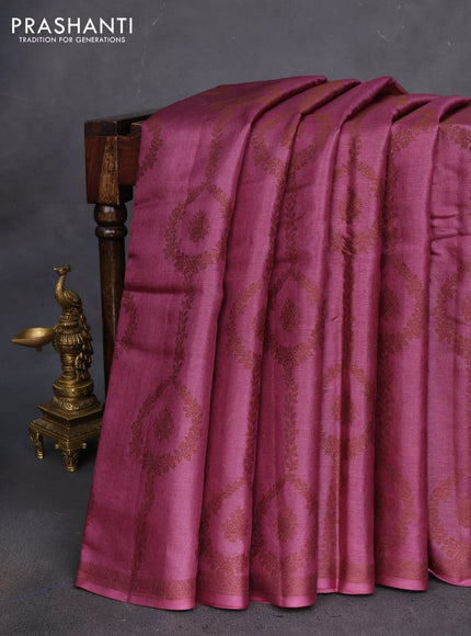 Pure tussar silk saree mauve pink with allover thread weaves in borderless style