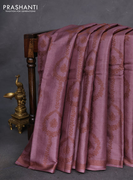 Pure tussar silk saree rosy brown with allover thread weaves in borderless style