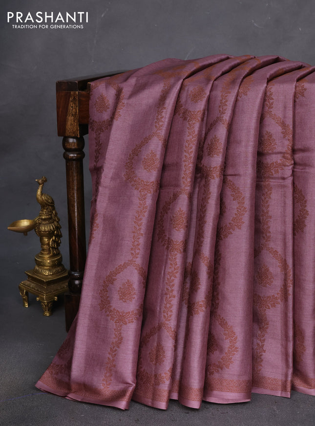 Pure tussar silk saree rosy brown with allover thread weaves in borderless style