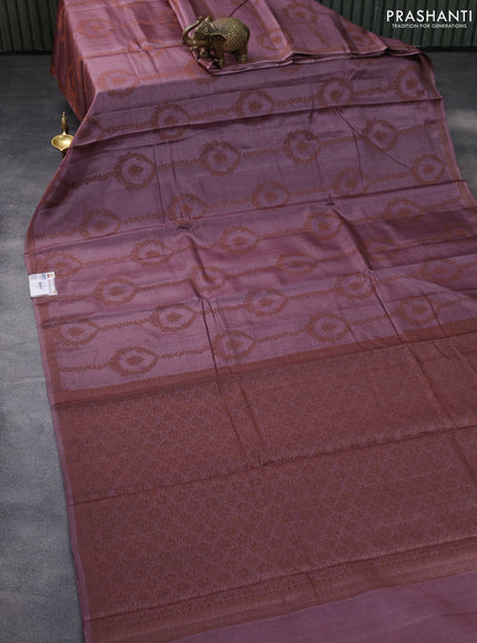 Pure tussar silk saree rosy brown with allover thread weaves in borderless style
