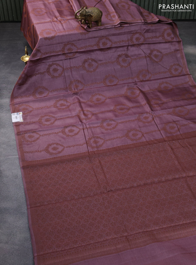 Pure tussar silk saree rosy brown with allover thread weaves in borderless style