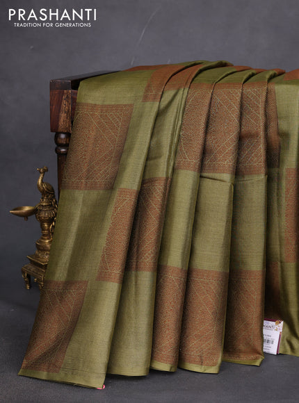 Pure tussar silk saree mehendi green with thread woven box type buttas in borderless style