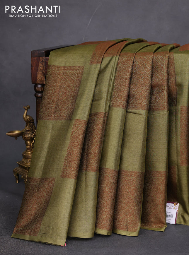 Pure tussar silk saree mehendi green with thread woven box type buttas in borderless style