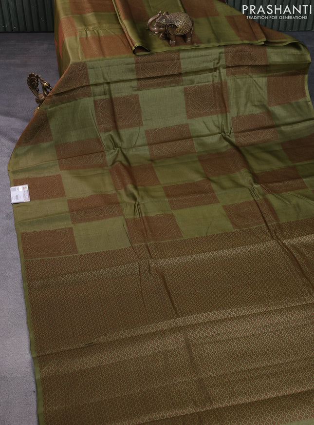 Pure tussar silk saree mehendi green with thread woven box type buttas in borderless style