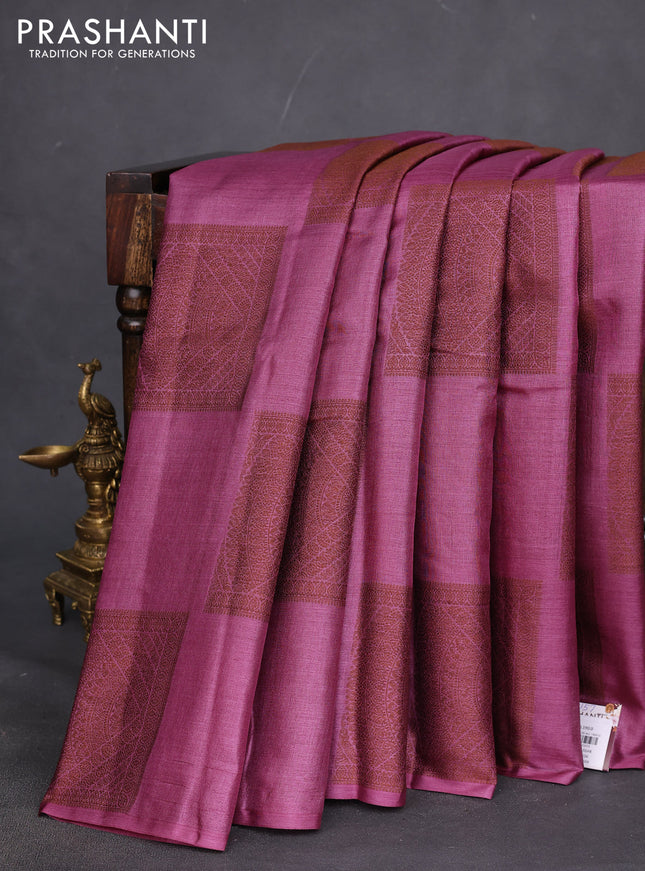 Pure tussar silk saree magenta pink with thread woven box type buttas in borderless style