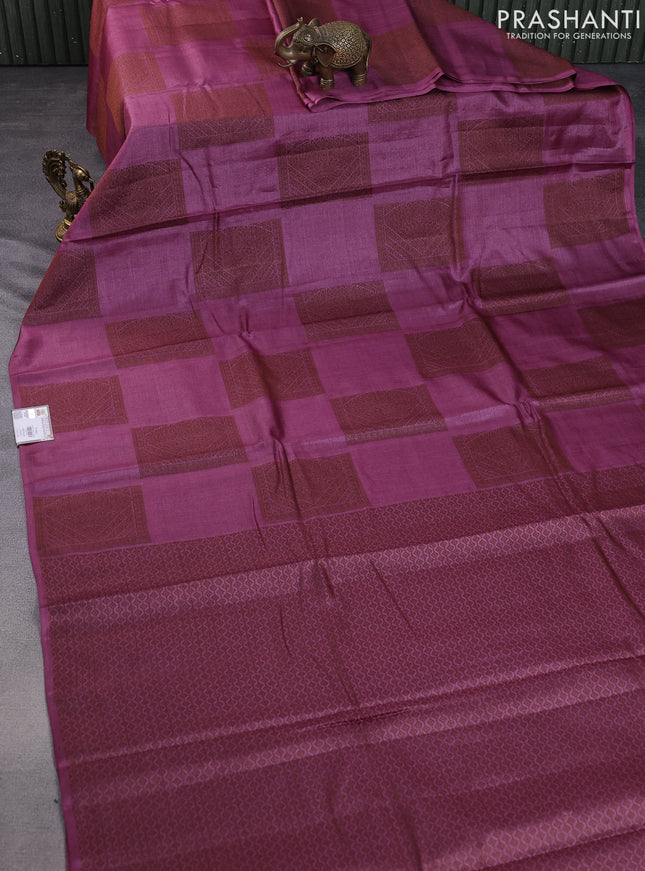 Pure tussar silk saree magenta pink with thread woven box type buttas in borderless style