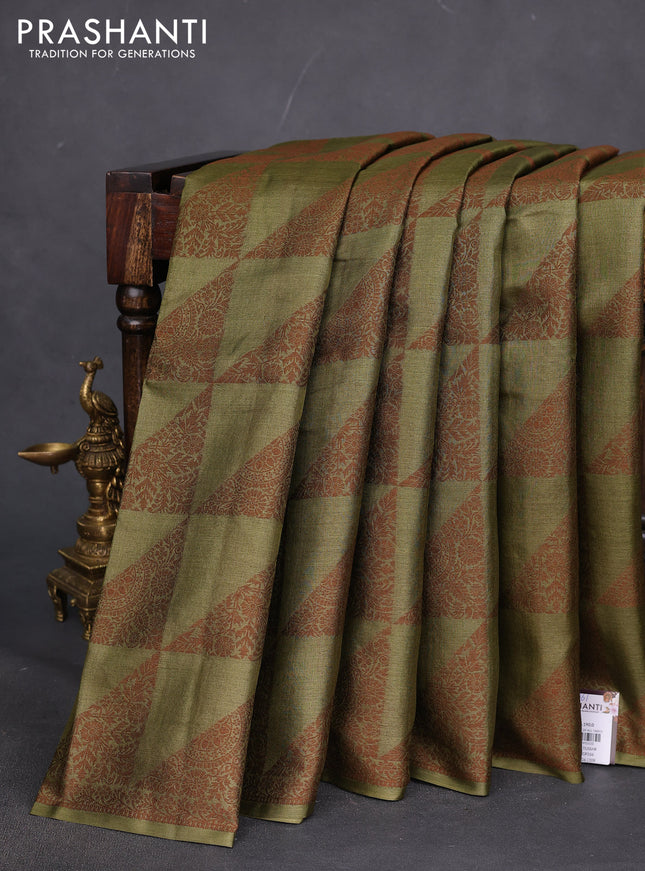 Pure tussar silk saree mehendi green with allover thread weaves in borderless style