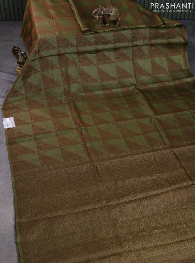 Pure tussar silk saree mehendi green with allover thread weaves in borderless style