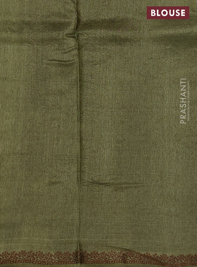 Pure tussar silk saree mehendi green with allover thread weaves in borderless style