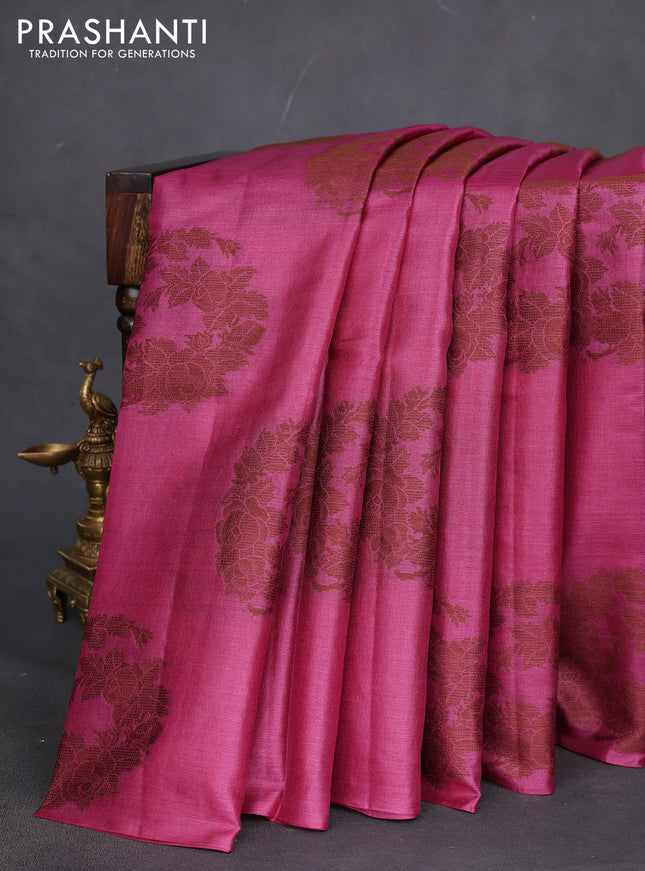 Pure tussar silk saree pink with thread woven buttas in borderless style