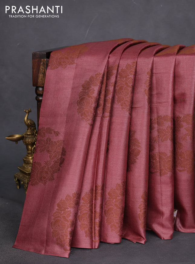 Pure tussar silk saree pastel maroon with thread woven buttas in borderless style