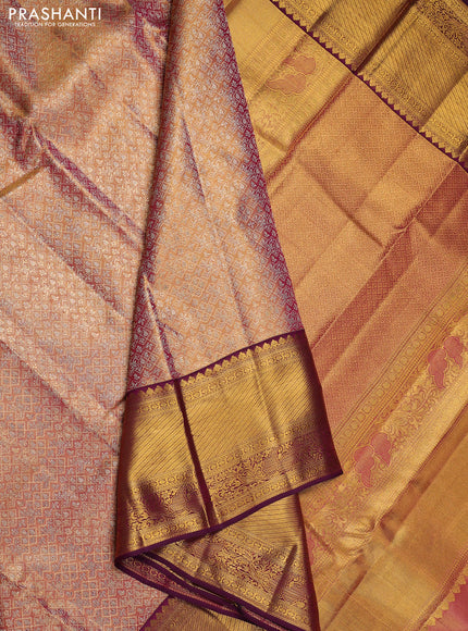 Pure kanchipuram tissue silk saree dual shade of gold and purple with allover zari woven brocade weaves and long zari woven border