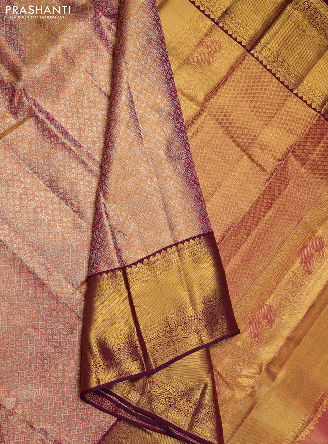 Pure kanchipuram tissue silk saree dual shade of gold and purple with allover zari woven brocade weaves and long zari woven border