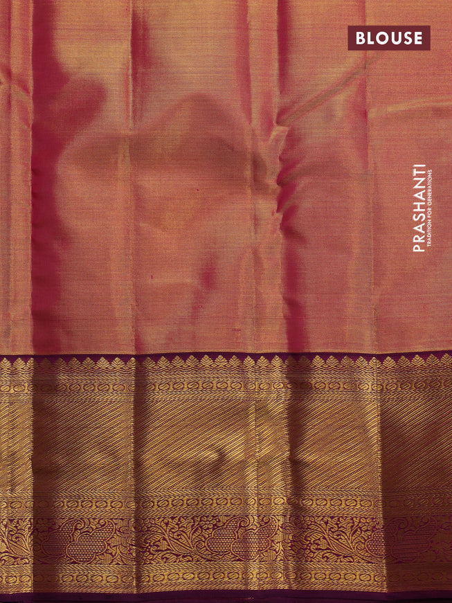 Pure kanchipuram tissue silk saree dual shade of gold and purple with allover zari woven brocade weaves and long zari woven border