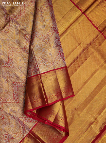 Pure kanchipuram tissue silk saree dual shada of gold and red with allover zari woven brocade weaves and long zari woven border