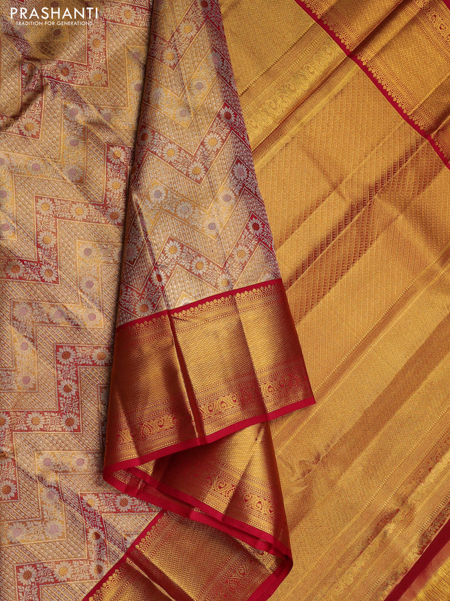 Pure kanchipuram tissue silk saree dual shada of gold and red with allover zari woven brocade weaves and long zari woven border