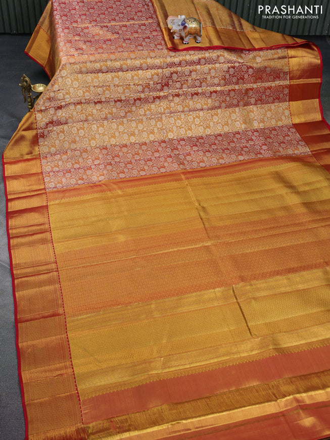 Pure kanchipuram tissue silk saree dual shada of gold and red with allover zari woven brocade weaves and long zari woven border