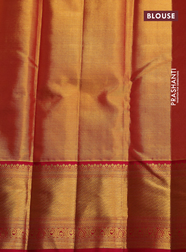 Pure kanchipuram tissue silk saree dual shada of gold and red with allover zari woven brocade weaves and long zari woven border
