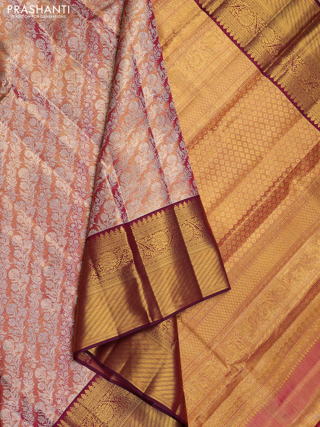 Pure kanchipuram tissue silk saree dual shade of teal blue and purple with allover zari woven brocade weaves and long zari woven border