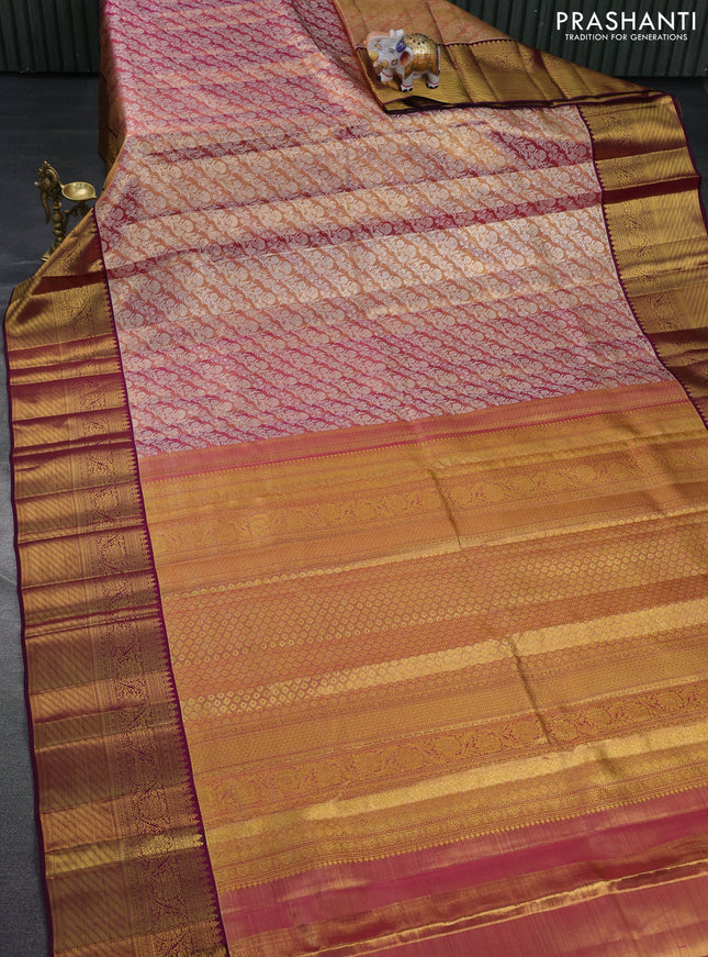 Pure kanchipuram tissue silk saree dual shade of teal blue and purple with allover zari woven brocade weaves and long zari woven border