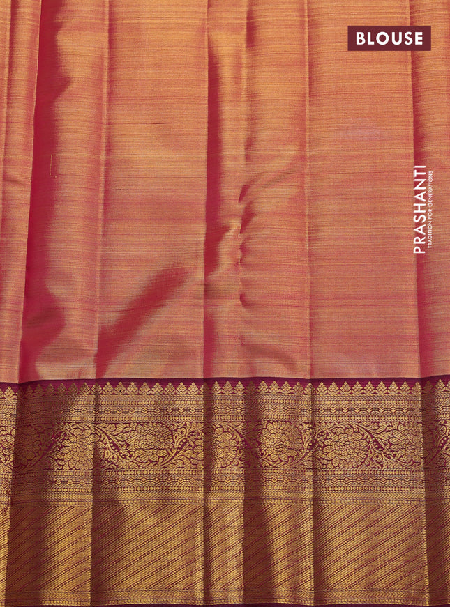 Pure kanchipuram tissue silk saree dual shade of teal blue and purple with allover zari woven brocade weaves and long zari woven border