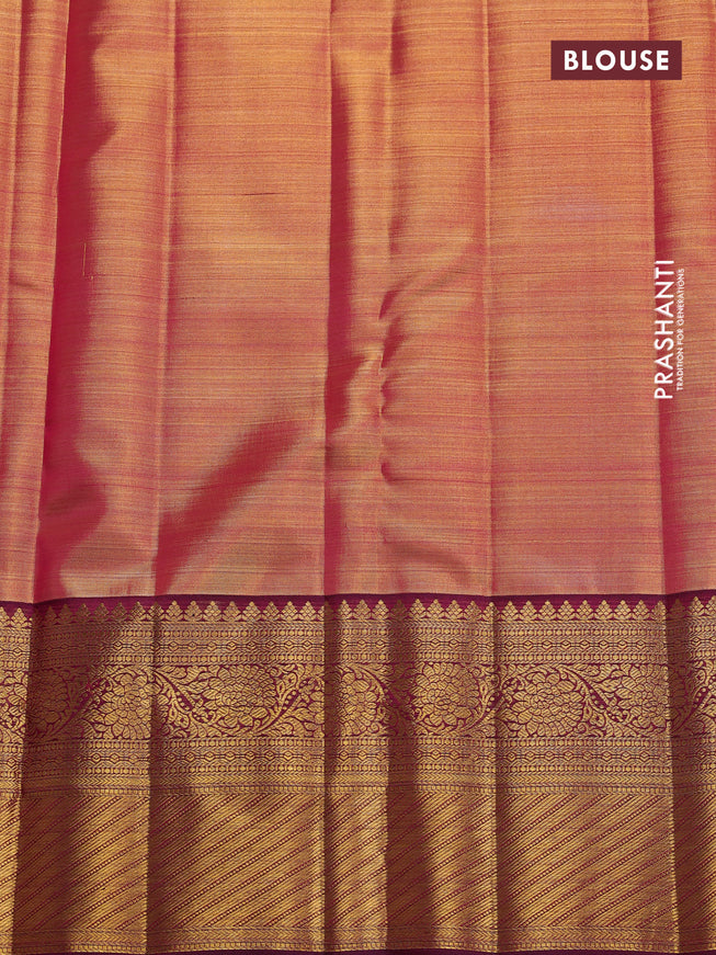 Pure kanchipuram tissue silk saree dual shade of teal blue and purple with allover zari woven brocade weaves and long zari woven border