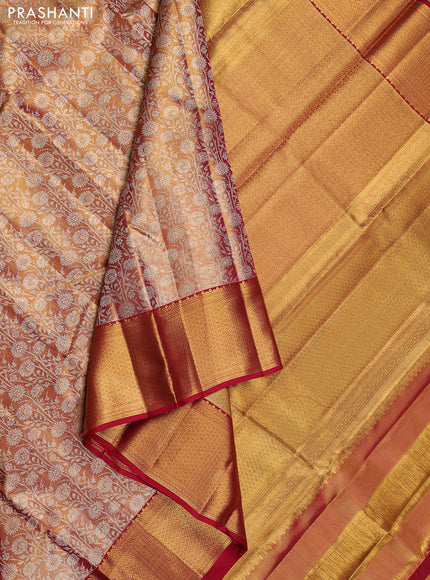 Pure kanchipuram tissue silk saree dual shade of gold and maroon with allover zari woven brocade weaves and long zari woven border